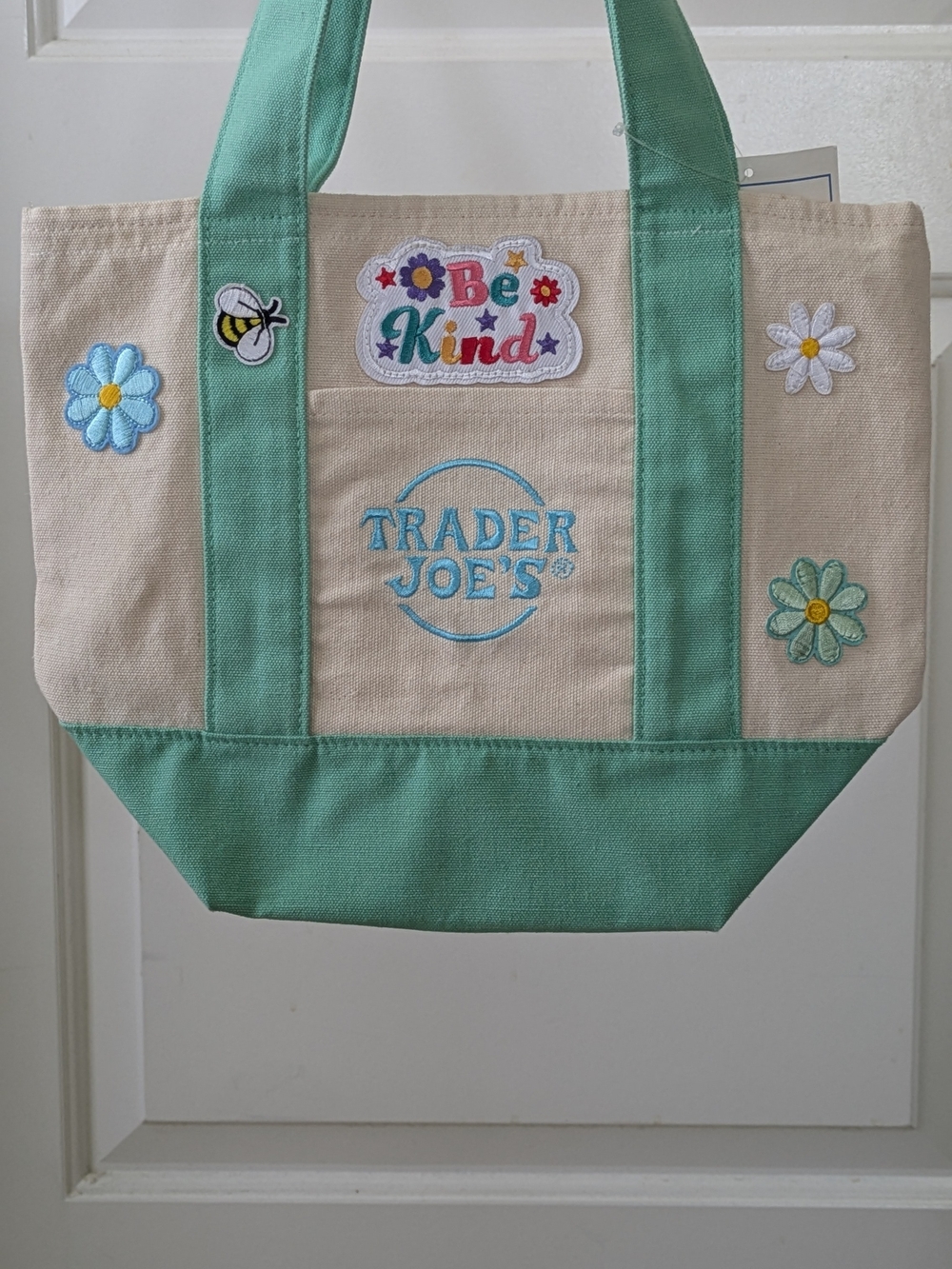 Trader Joe's Mini Pastel Green  Canvas Tote Bag Be Kind Patched with zipper